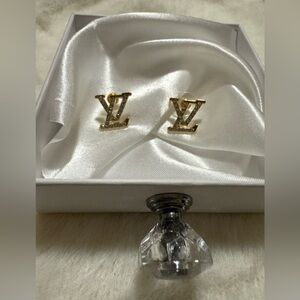 Monogram Crystal Stud Earrings in Goldtone LV Style